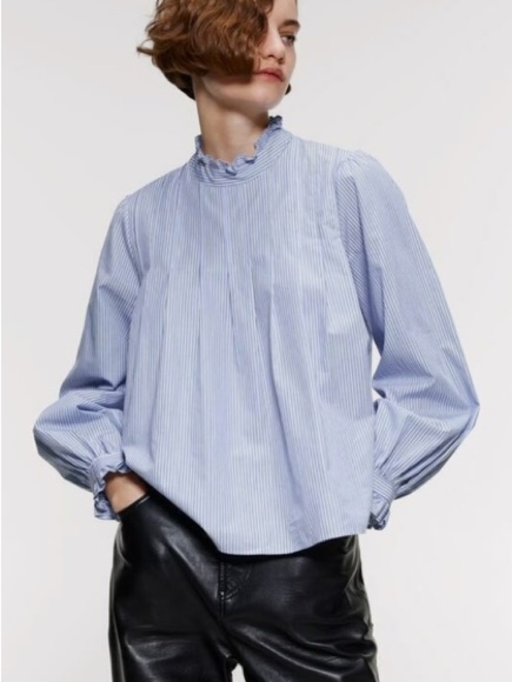 Zara Blue Striped Blouse with Ruffled Collar and Cuffs